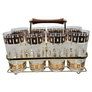 Set of 8 MCM Fred Press Frosted 22Kt Trim High Ball Glasses in‎ a Brass Caddy